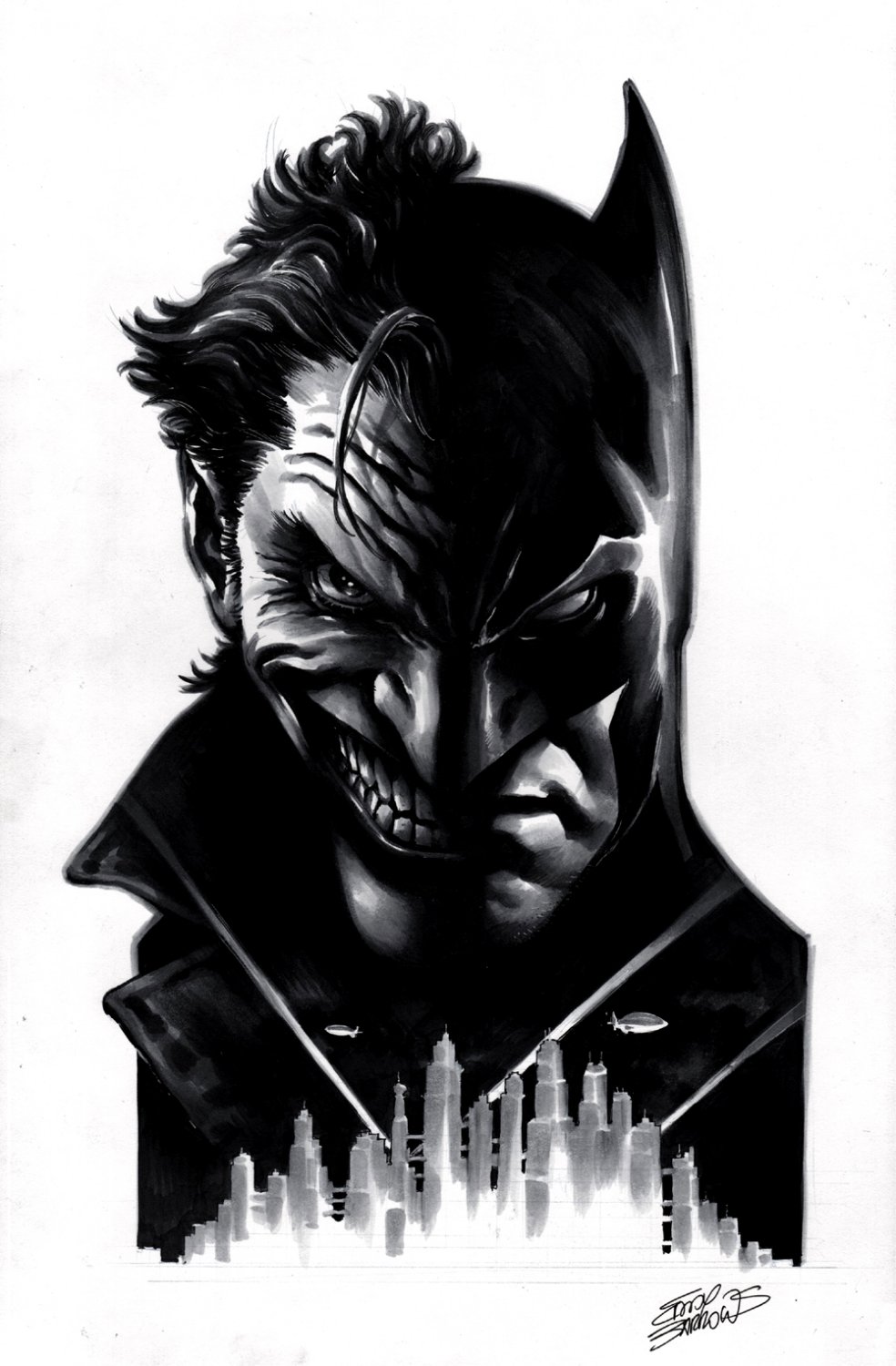 Dramatic Batman /Joker Split Image Over Gotham Published Pinup! Comic ...