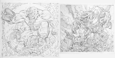 2 Large Thor Battling Mangog Illustrations Comic Art