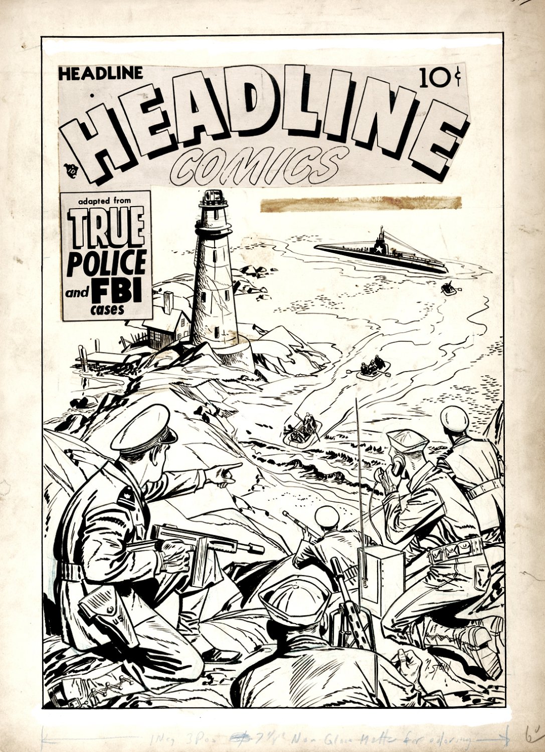 Image of Headline Comics #60 Large Art  Cover (SAILORS & INFANTRY GET READY TO BATTLE RUSSIAN MEN COMING TO SHORE FROM SUBMARINE!) 1953